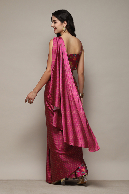 Plum Pre-Draped Saree & A Stitched Blouse With Floral Prints image number 4