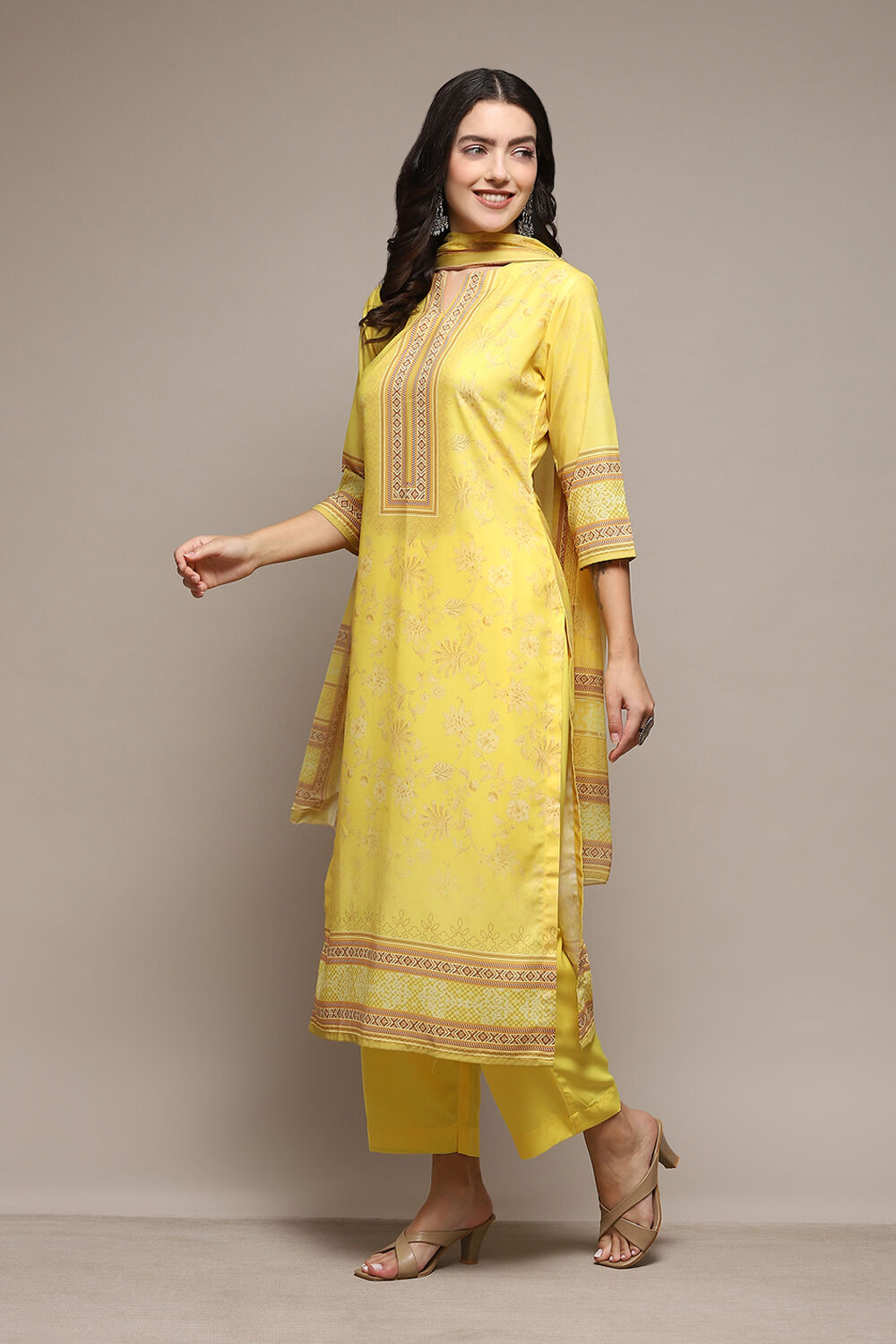 Yellow Silk Blend Digital Print Unstitched Suit Set image number 5