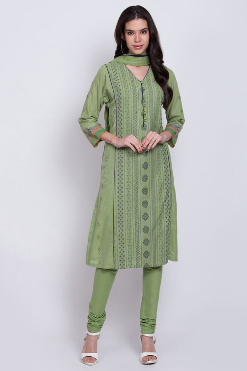 Green Cotton Straight Kurta Churidar Suit Set image number 0