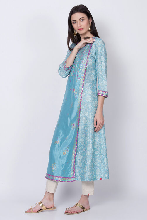 Blue Viscose A-Line Printed Kurta image number 3