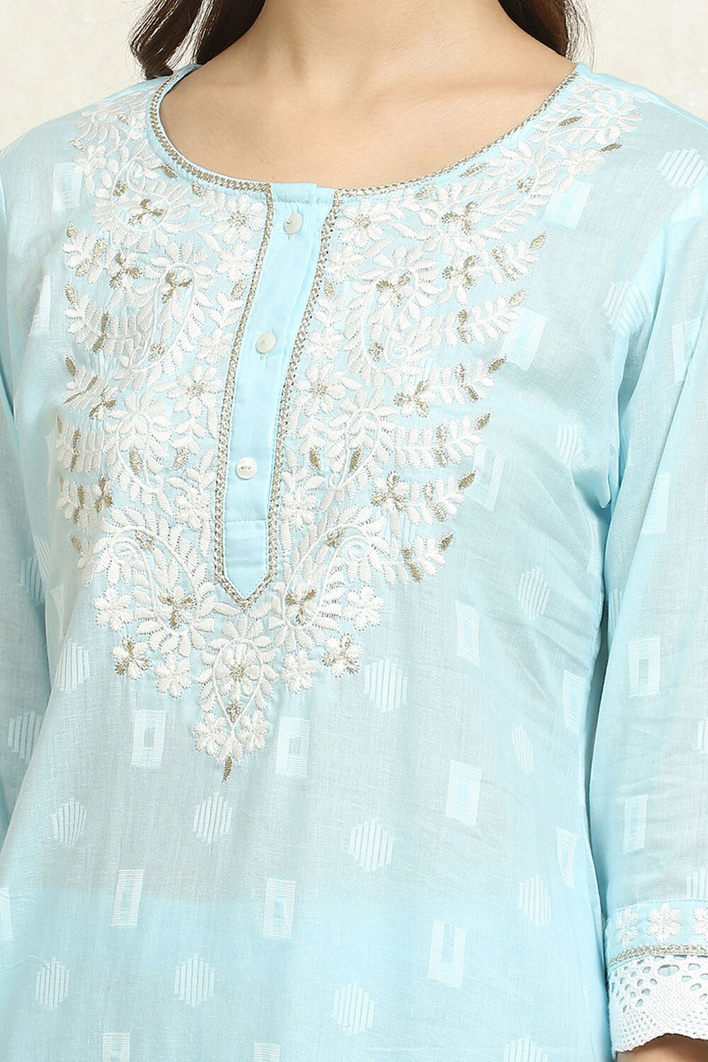 Blue Cotton Handloom Unstitched Suit Set image number 2