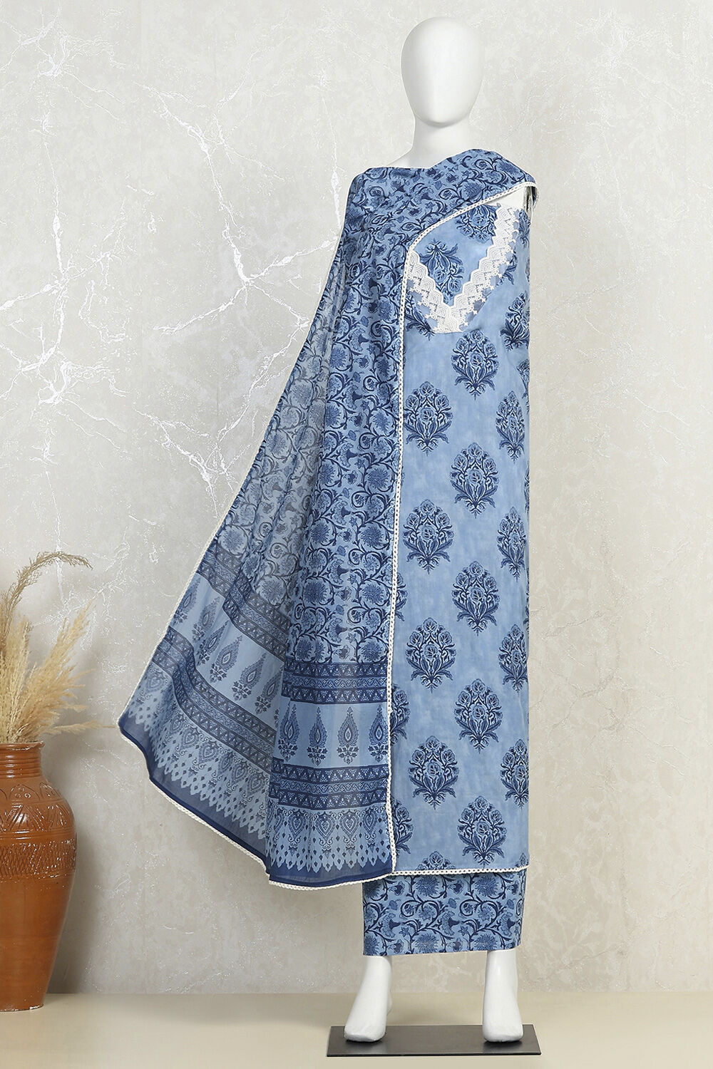 Indigo Cotton Screen Print Unstitched Suit Set image number 4