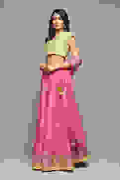 Fuschia & Lime Green Cotton Blend Lehenga Set image number 5