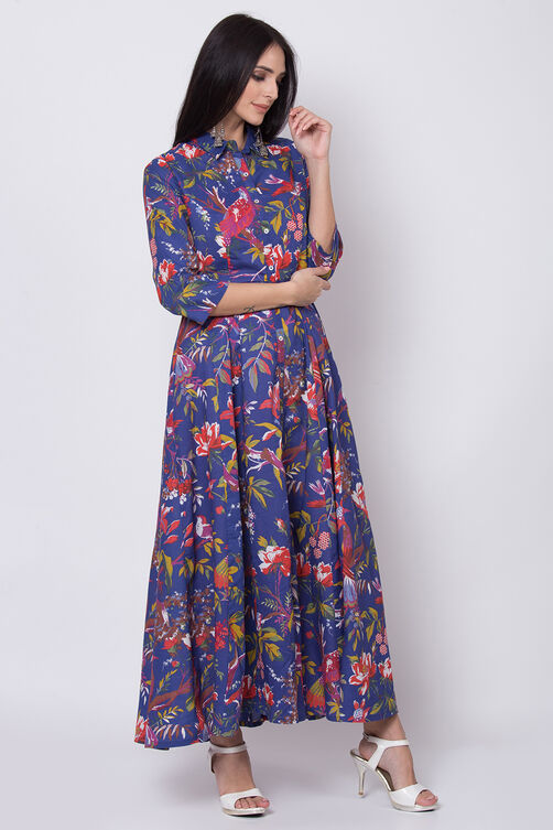 Blue Cotton Flared Fusion Wear Dress image number 3
