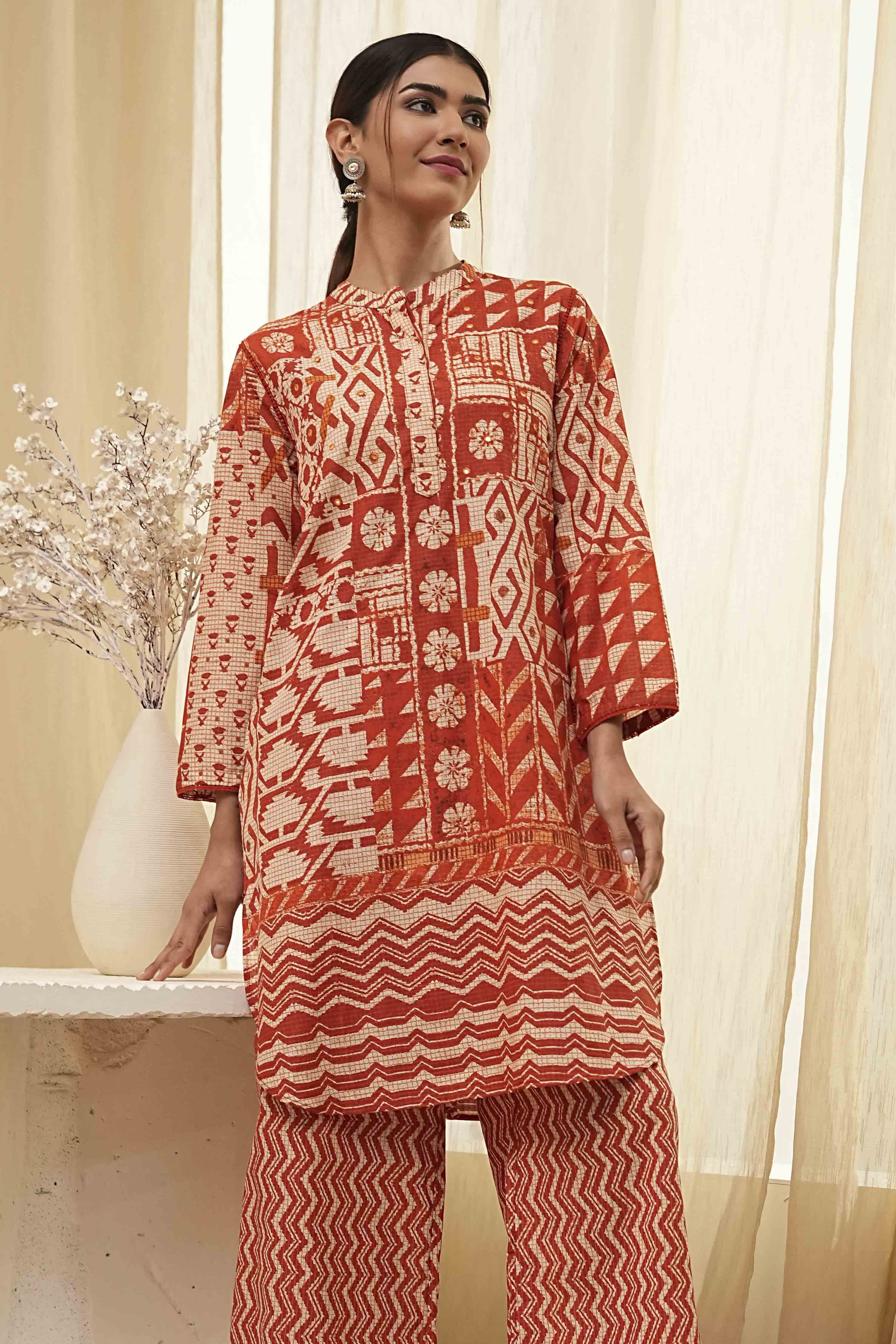Rust Pure Cotton Printed Kurta Set image number 7