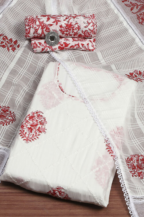 White Pink Cotton Hand Block Print Unstitched Suit Set image number 0