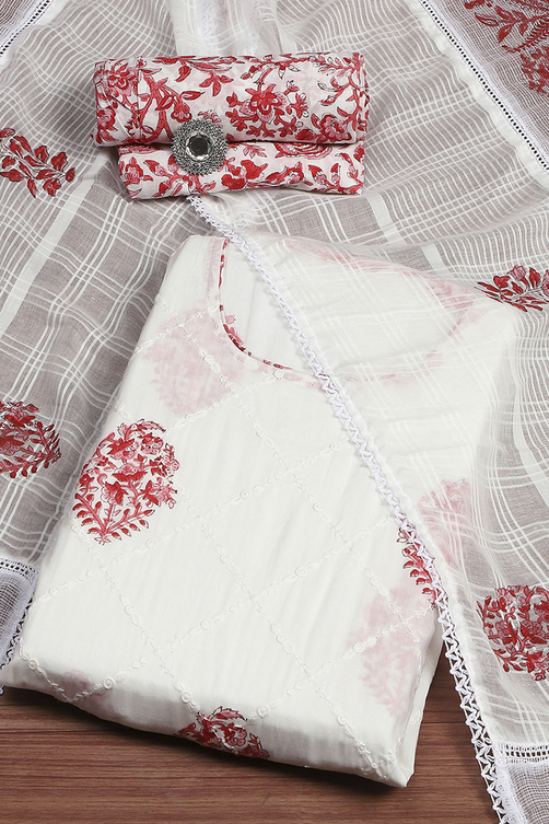 White and Blue Cotton Printed Unstitched Suit Set image number 0