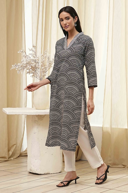 Black Cotton Printed Straight Kurta image number 2