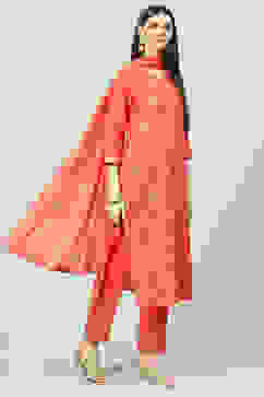 Coral Cotton Straight Kurta Regular Pants Suit Set image number 6