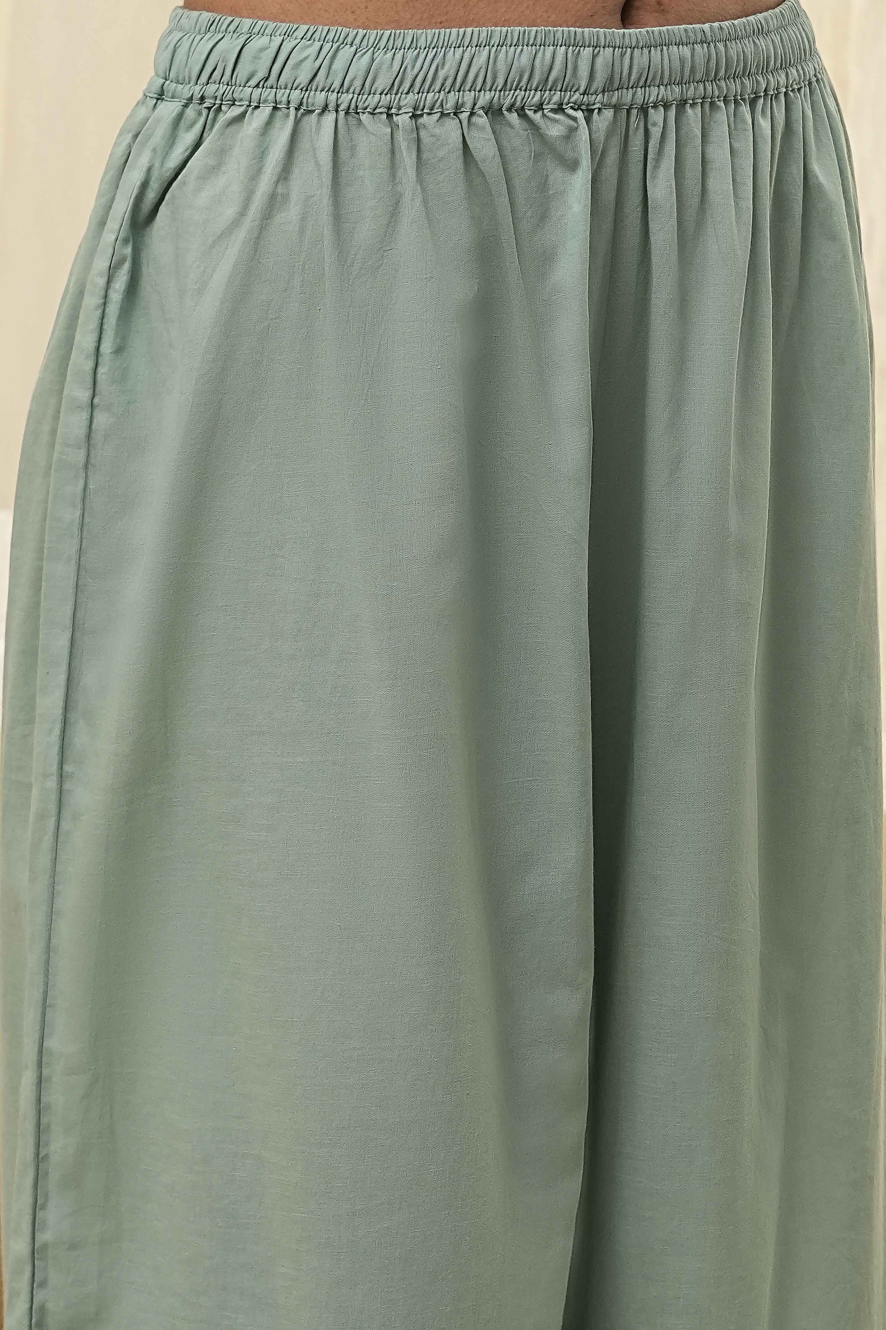 Green Pure Cotton Embellished Straight Suit Set image number 2