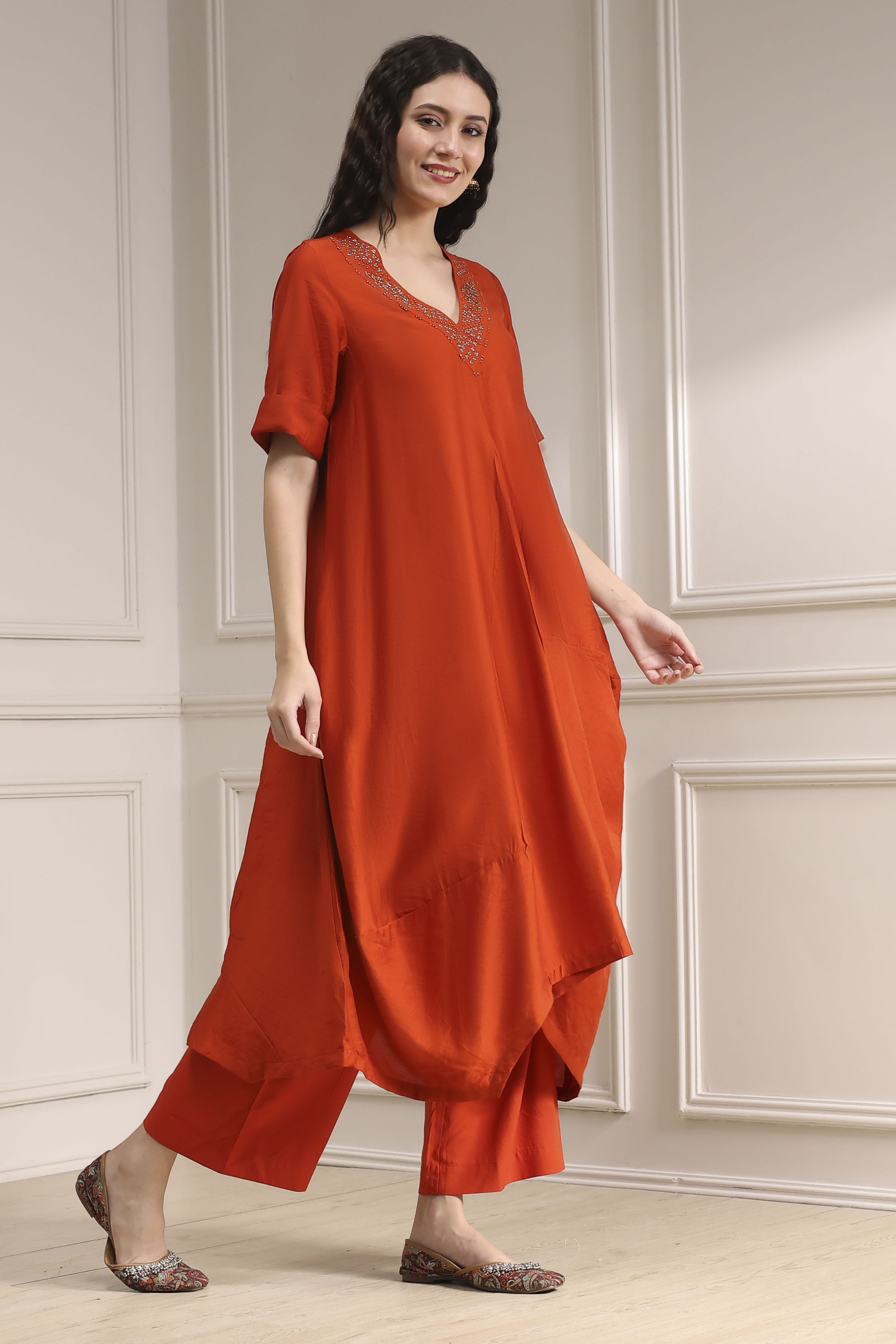 Burnt Orange Dyed Asymmetric Kurta Set image number 5