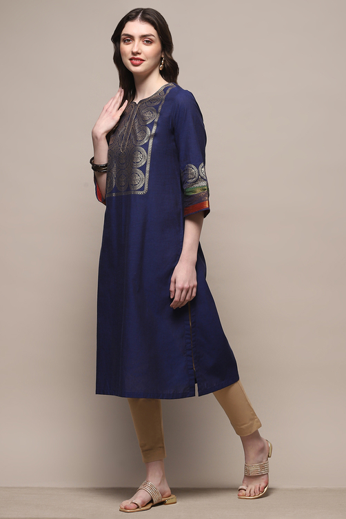 Navy Blue Pure Cotton Straight Kurta image number 2