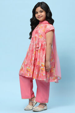 Pink Cotton Floral Printed Gathered Tiered Suit Set image number 4