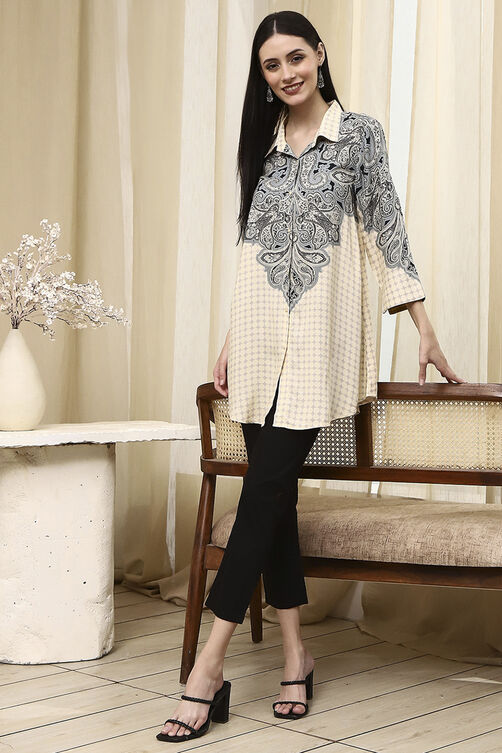 Black Printed Shirt-Style Straight Short Kurta image number 0