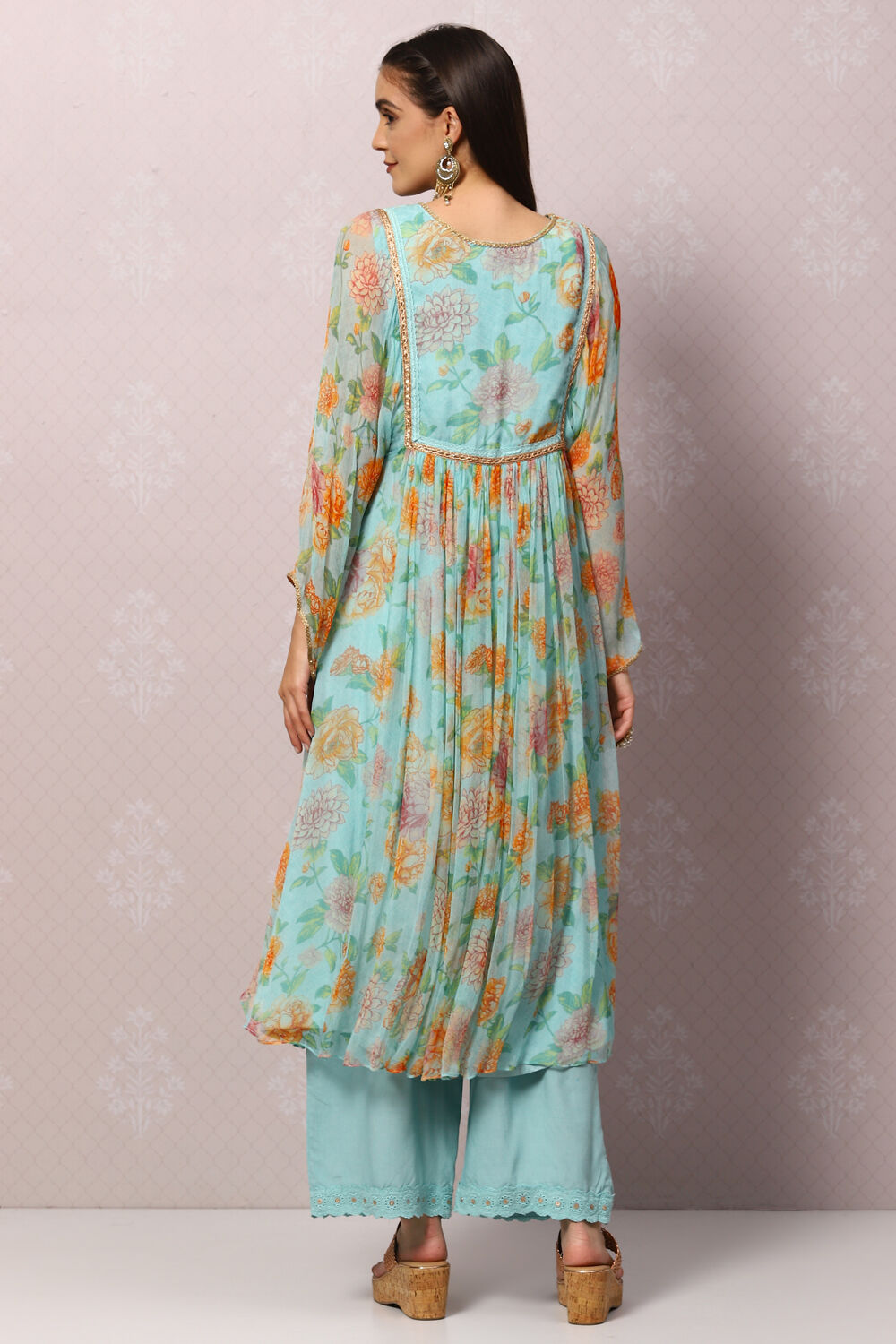 Sea Green Viscose Flared Kurta Palazzo Suit Set image number 4
