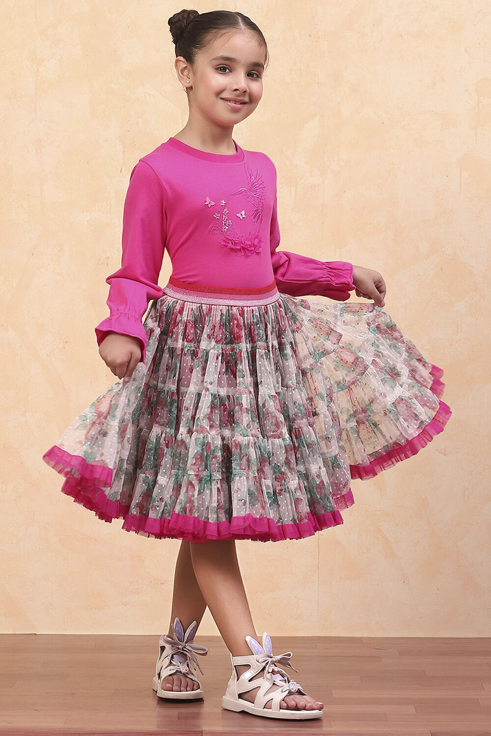 Pink Cotton Floral Top and Short Skirt Set image number 0