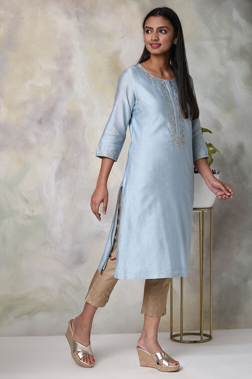 Sky Blue Cotton Silk Straight Yarndyed Kurta image number 2