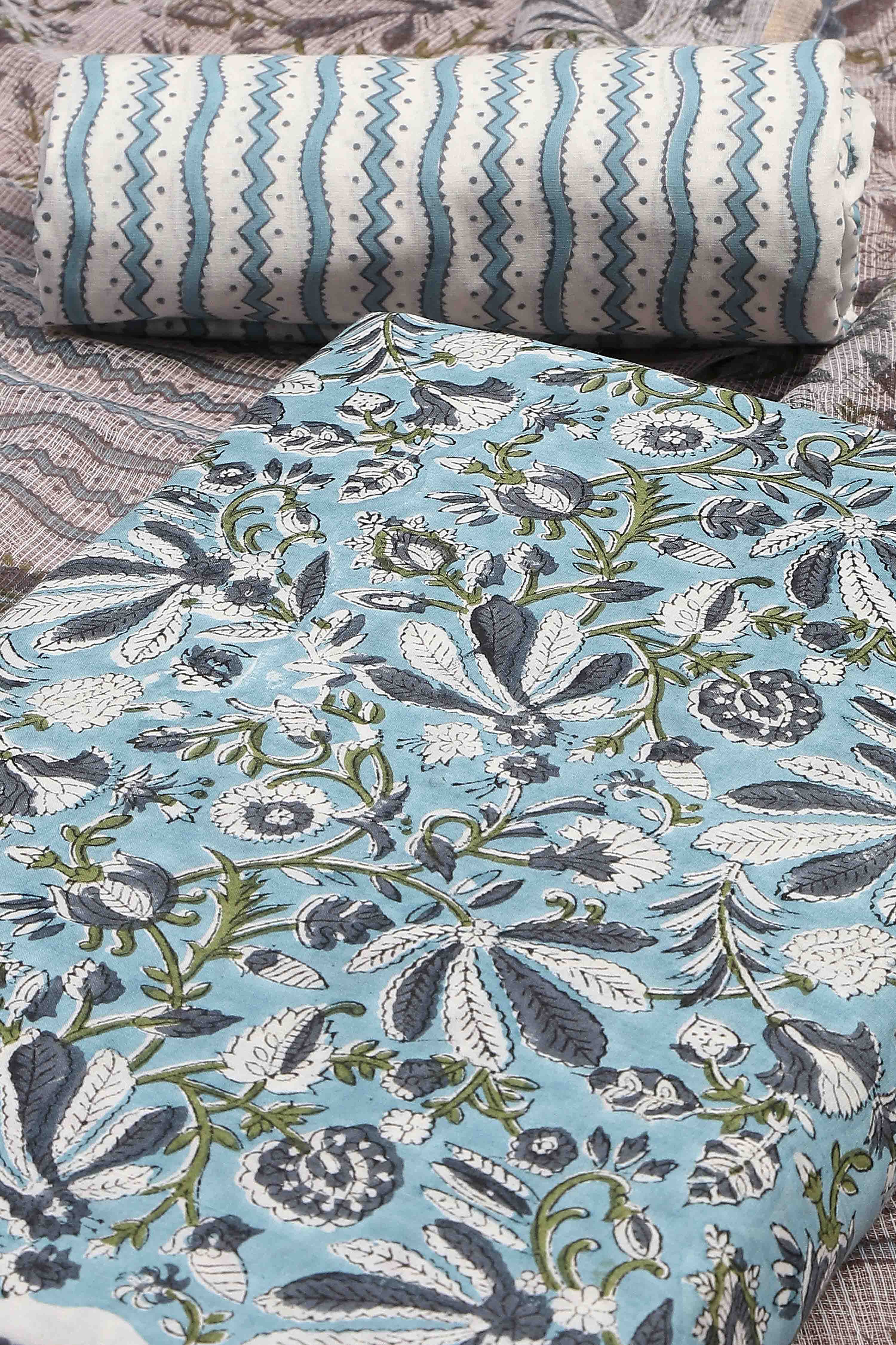 Sky Blue Cotton Hand Block Print Unstitched Suit Set image number 1