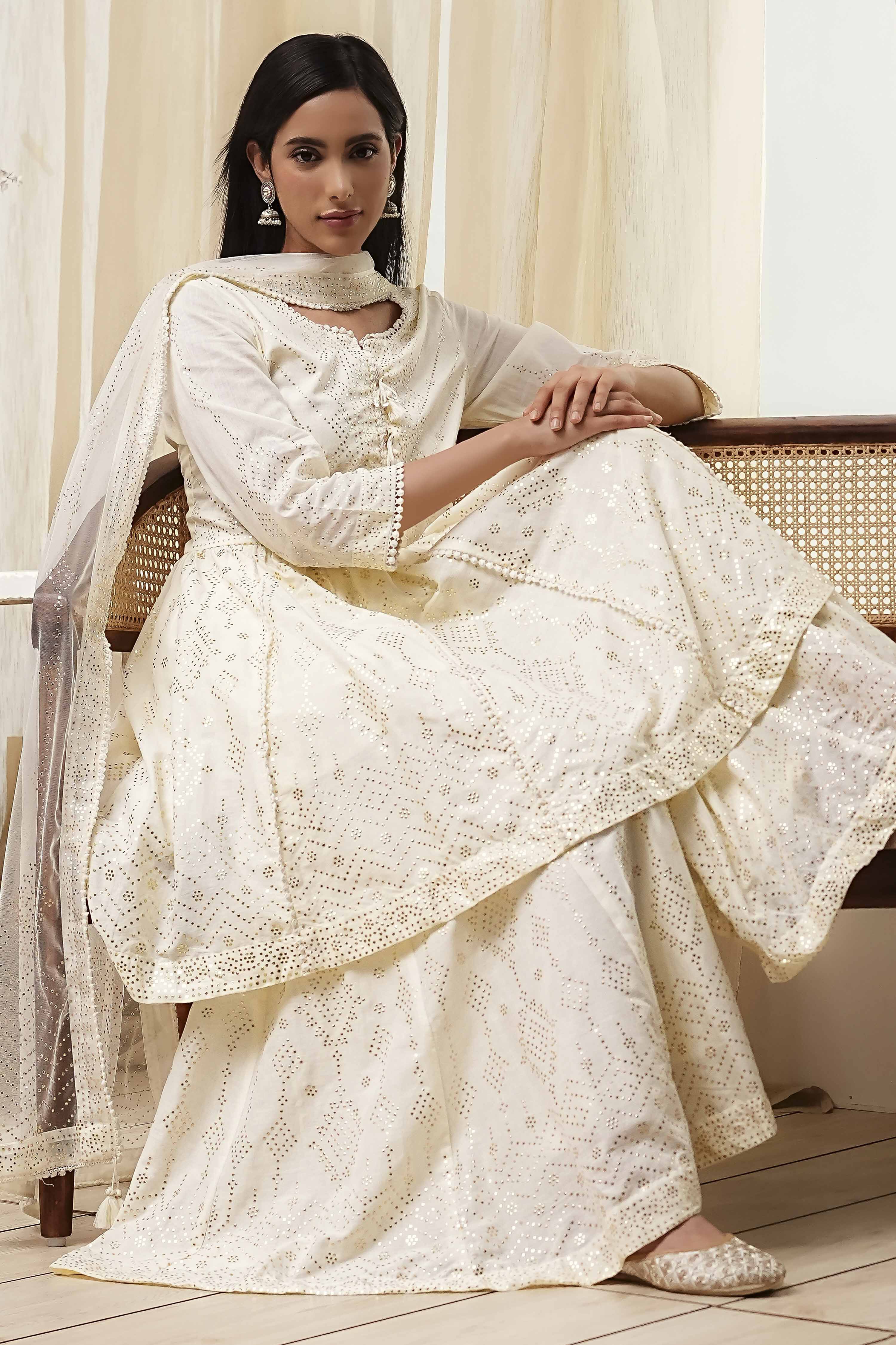 Off-White Cotton Metallic Flared Suit Set image number 0