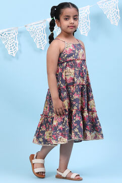 Blue Rayon Tiered Printed Kurta image number 2