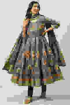 Peacock Blue Cotton Anarkali Kurta Churidar Suit Set image number 7