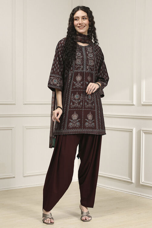 Brown Printed Straight Suit Set image number 6