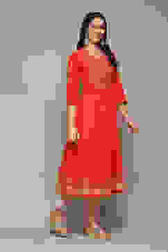 Red Cotton A-Line Printed Kurta image number 3