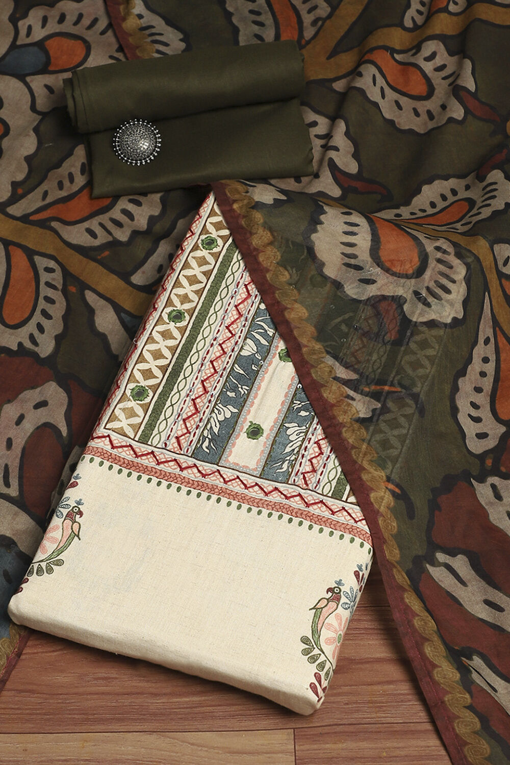 Off White Handloom Cotton Hand Block Print Unstitched Suit Set image number 0