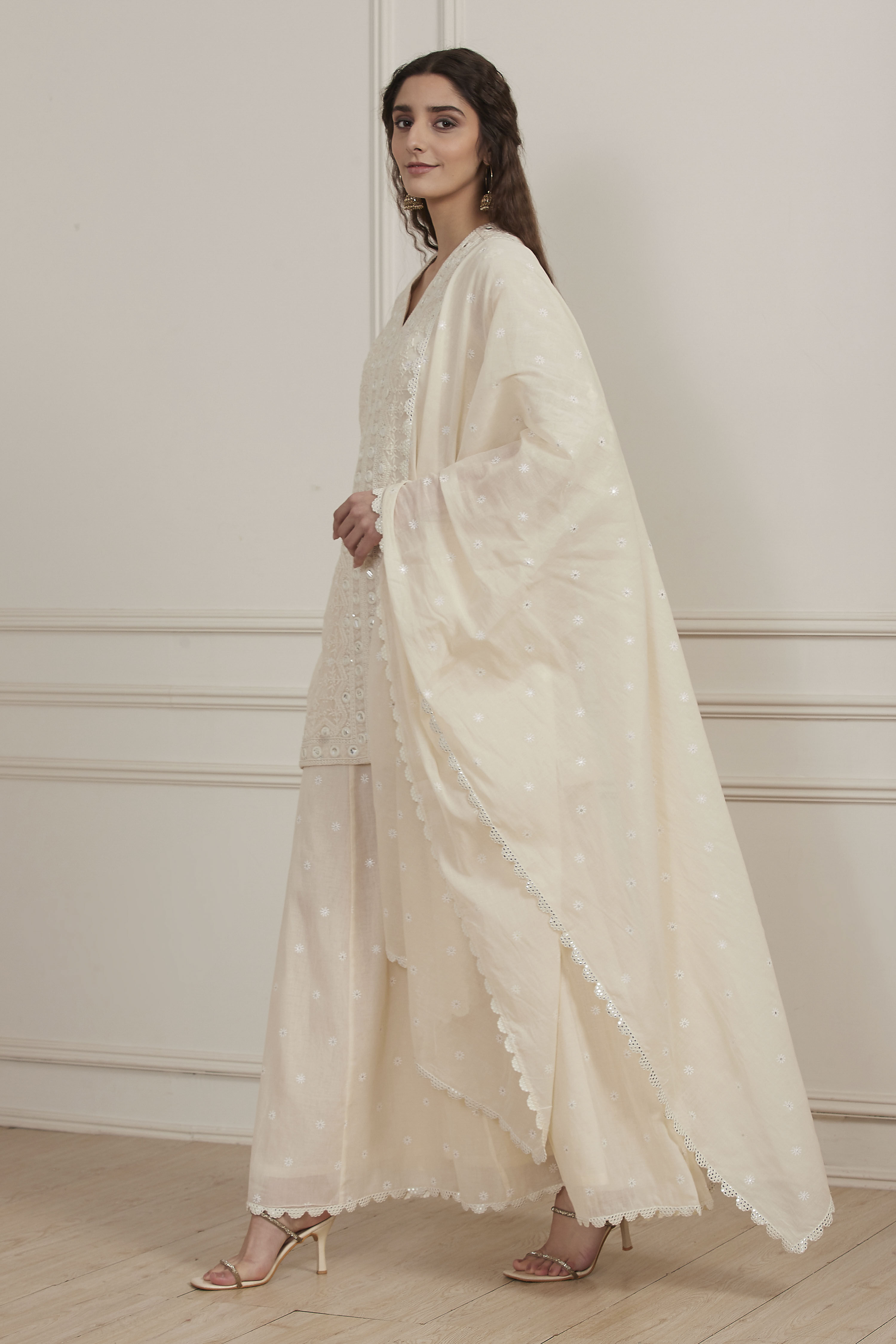 Ecru Cotton Embroidered Straight Sharara Suit Set image number 3