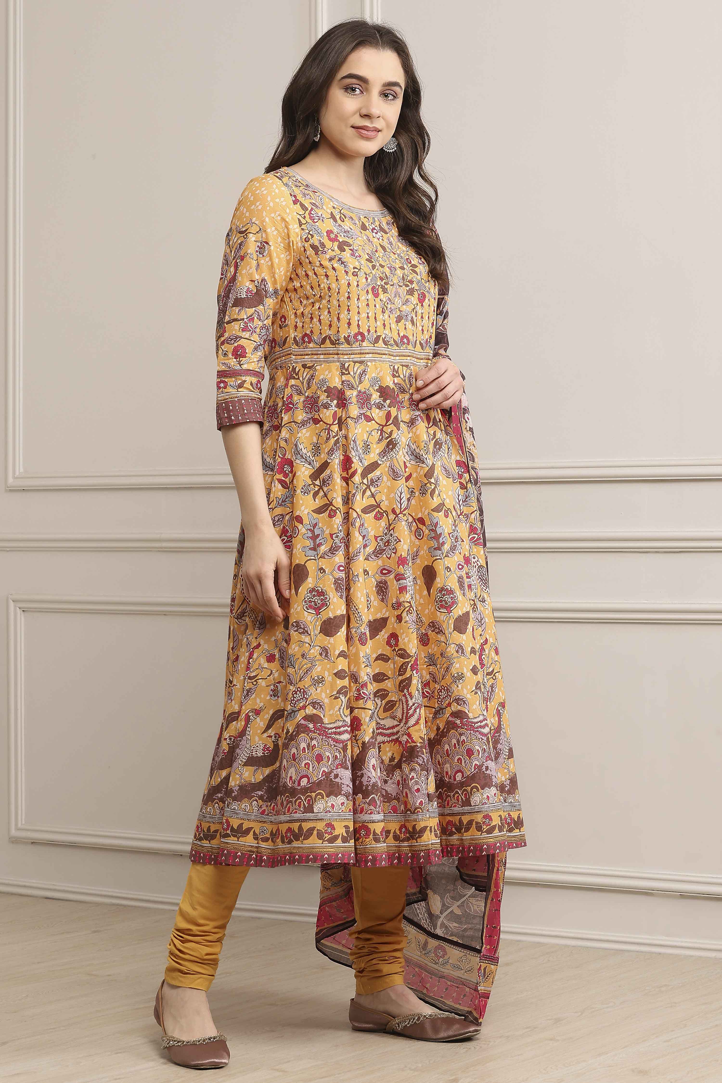 Beige Cotton Printed Anarkali Suit Set image number 5