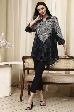 Black Printed Shirt-Style Straight Short Kurta image number 0