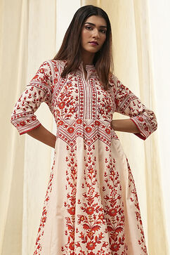 White and Rust Cotton Printed Anarkali Kurta Set image number 1