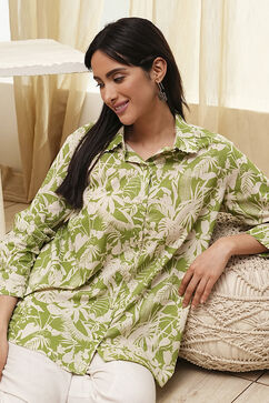 Green Cotton Floral Printed Straight Shirt image number 6