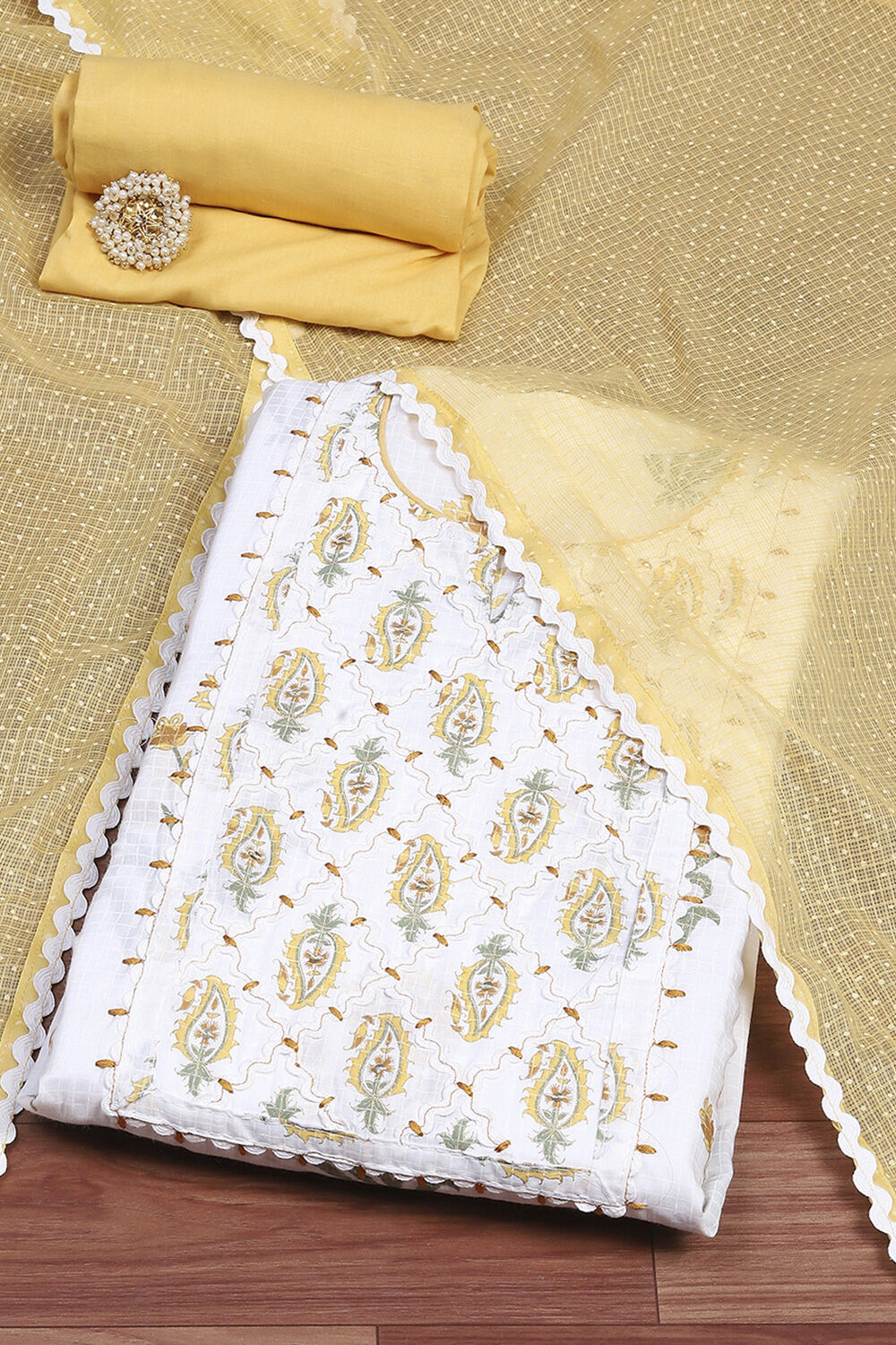 Yellow and White Printed Cotton Unstitched Suit Set image number 0