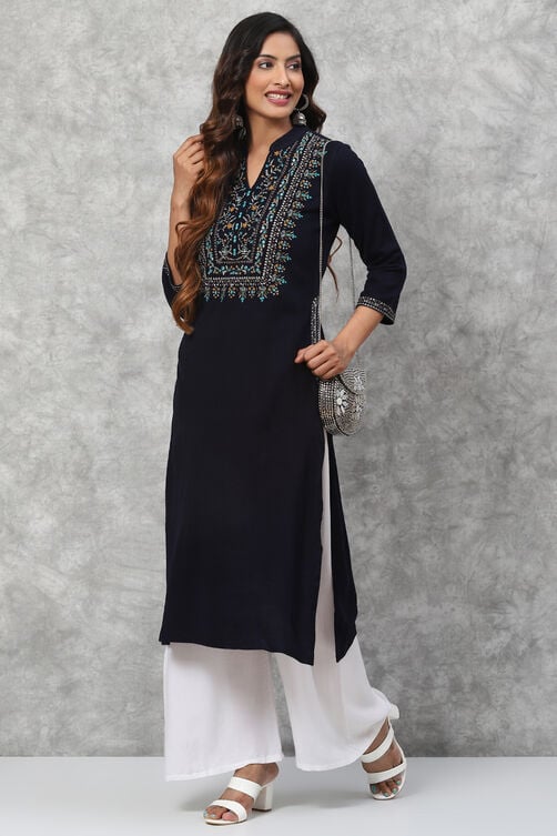 Navy Straight Acrylic Kurta image number 5
