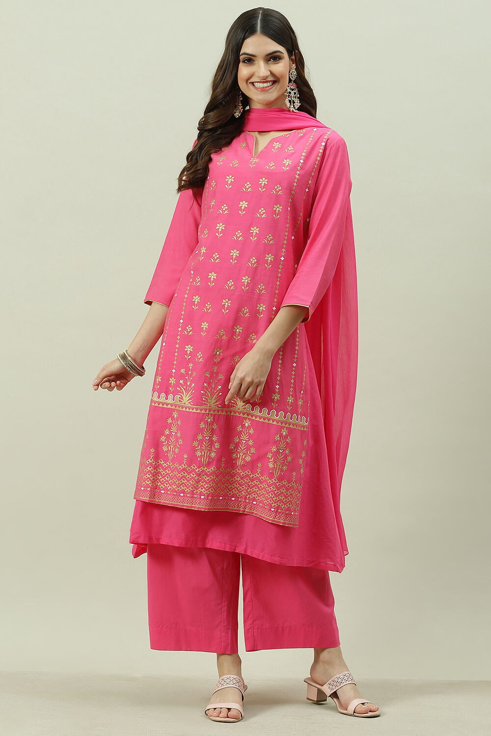 Pink Printed Layered Kurta Palazzo Suit Set image number 0