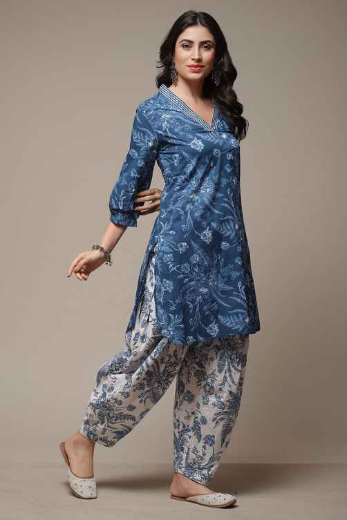 Indigo Cotton Straight Kurta Cross Yoke Salwar 2 Piece Set image number 3
