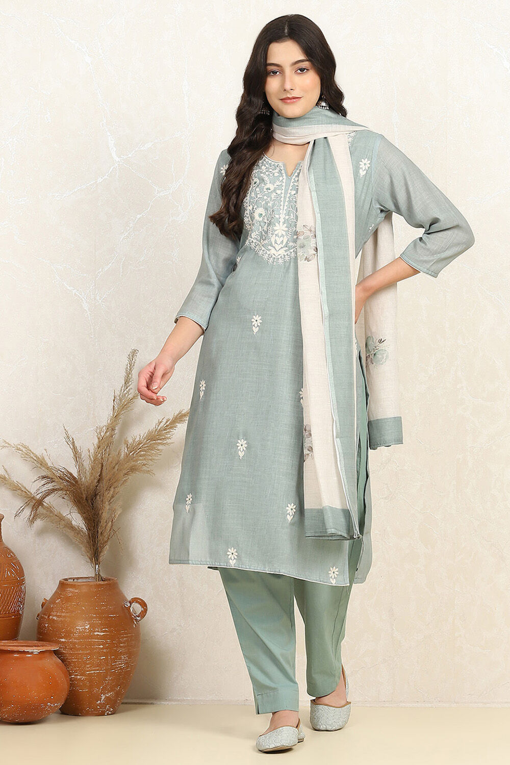 Teal Cotton Embroidered Unstitched Suit Set image number 1