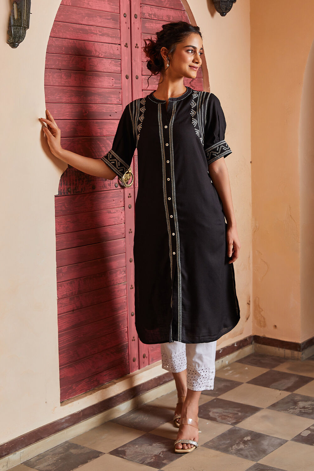 Black Printed Straight Kurta image number 2