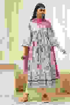 Off-White Cotton Floral Gathered Suit Set image number 6