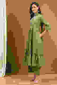 Green Cotton Printed Festive Gathered Suit Set image number 3