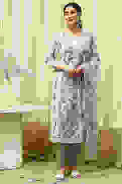 White Blue Cotton Blend Machine Embroidered Unstitched Suit Set image number 1