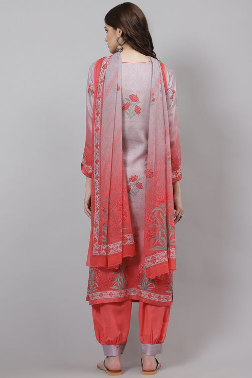 Off White Poly Spun Digital Print Unstitched Suit Set image number 6