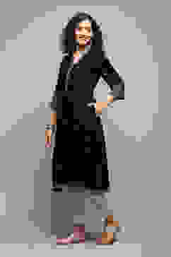 Black Poly Cotton Flared Yarndyed Kurta image number 2