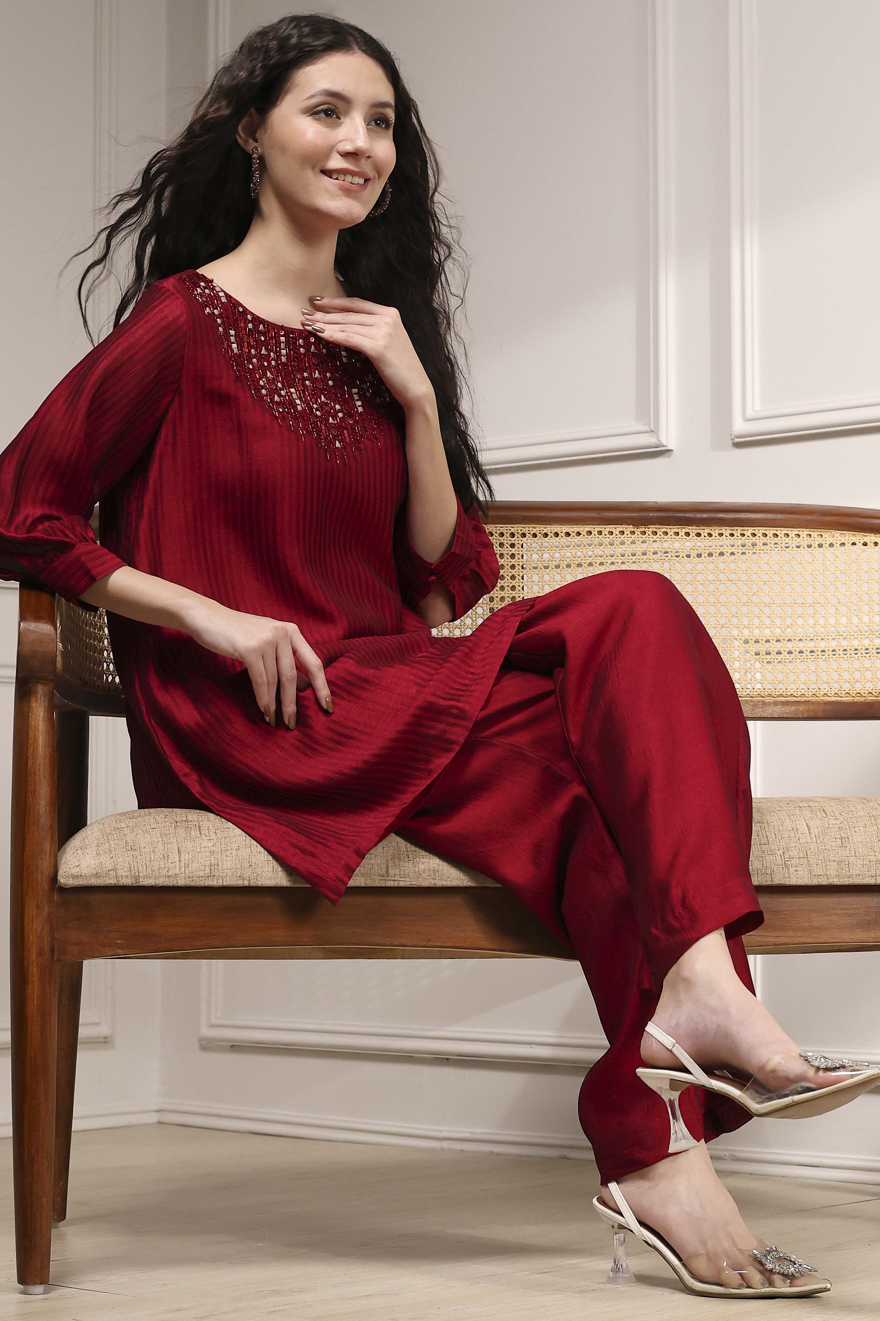 Red Self-Designed Straight Kurta Set image number 0