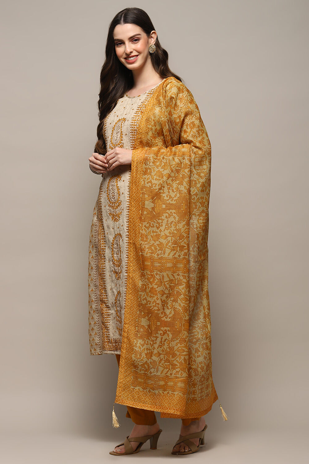 Beige Pink Chanderi Unstitched Suit set image number 5