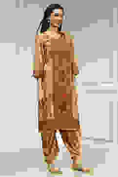 Cream Chanderi Printed Embroidered Unstitched Suit Set image number 6