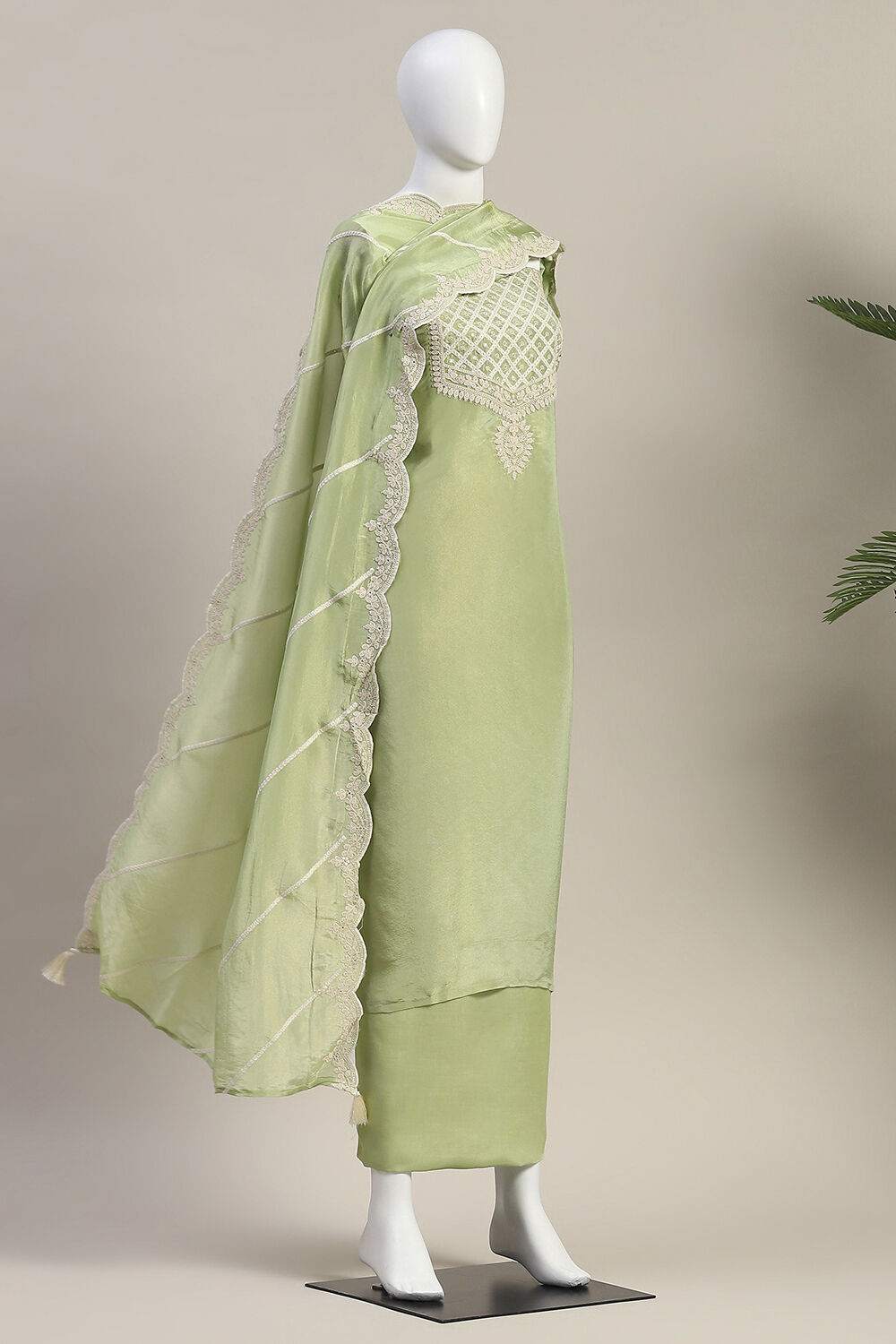 Green Tissue Machine Embroidered Unstitched Suit Set image number 4