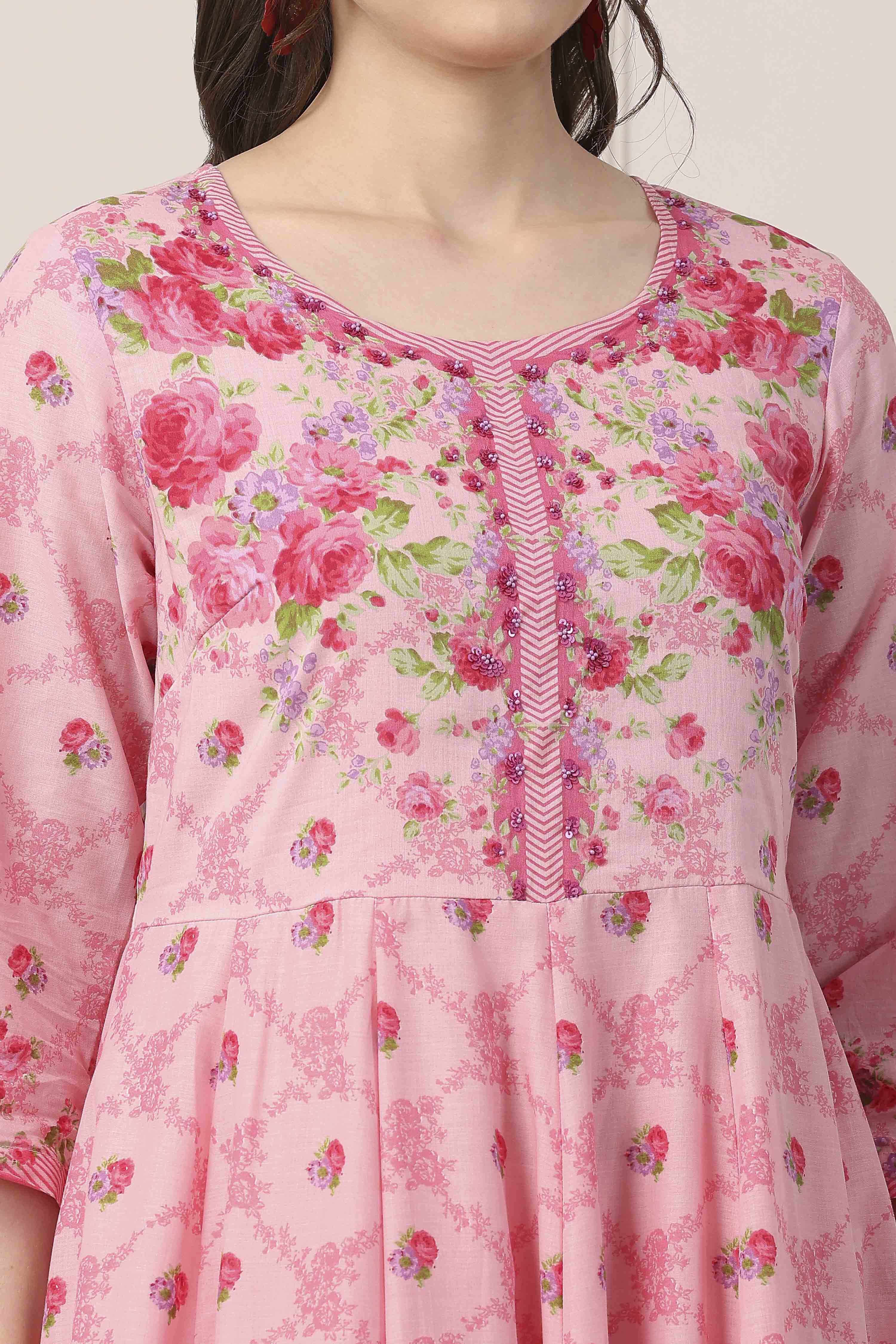 Pink Cotton All-Over Floral Kalidar Suit Set image number 1