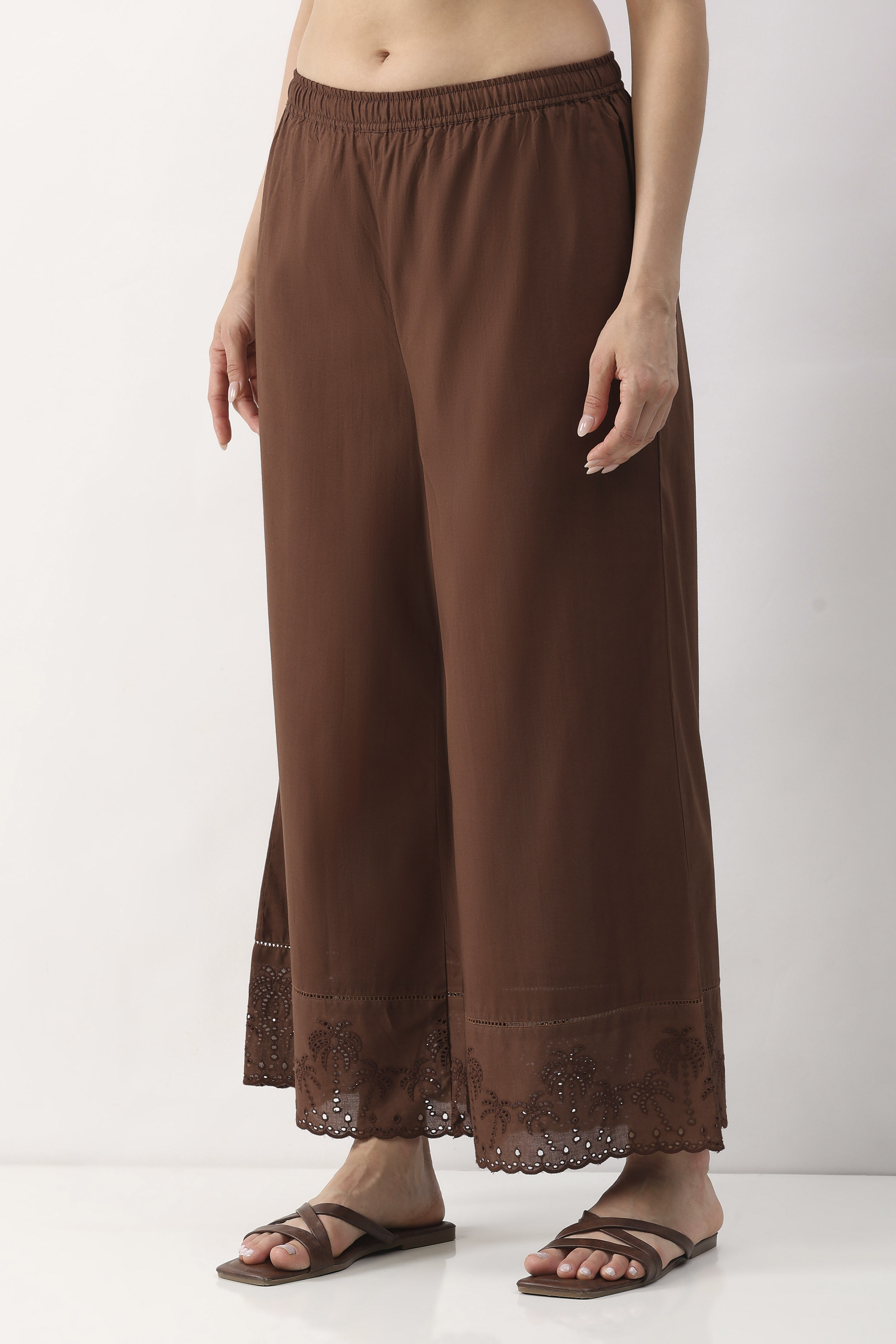 Brown Cotton Flared Palazzo image number 2
